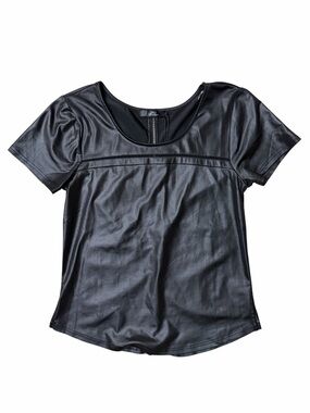 BKE Black Faux Leather Short Sleeve Scoop Neck Top Stretch NWT